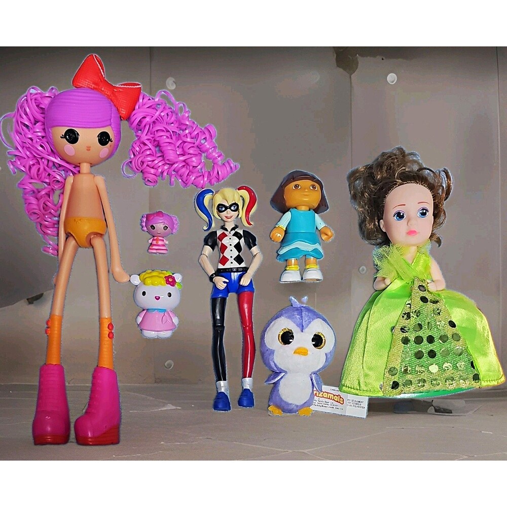 Mixed Lot Dolls Including Lalaloopsie, Harley Quinn, Dora, Plush/Plastic 6pc